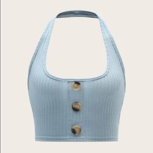 Blue ribbed button halter top